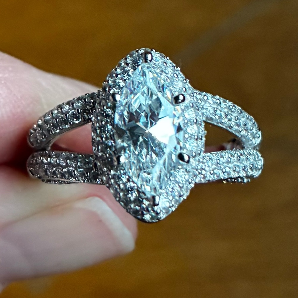Elegant Diamond  Silver Marquise Cut Double Band Ring size 10